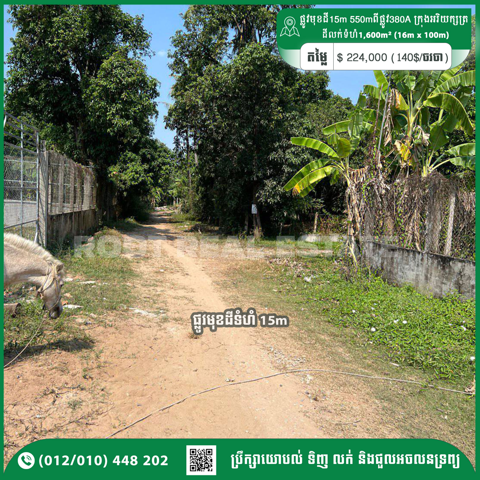 Land For Sale 140$/m² 550m From Street 380A, Arey Ksat City
